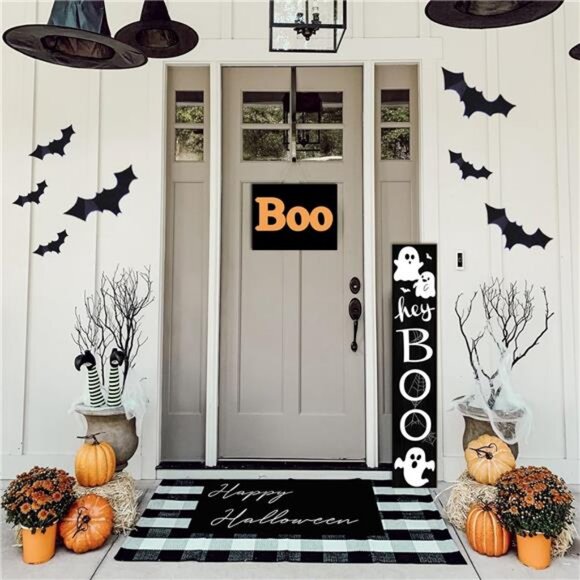 Halloween Porch Sign with Cute Ghost and Bats Design Door Hanging Decor Wooden - Picture 6 of 8